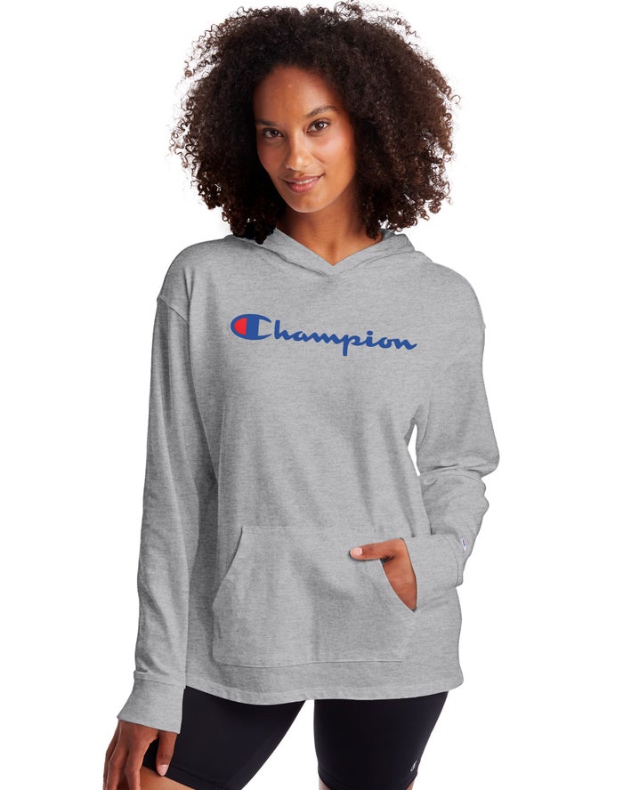 Champion Midweight Jersey Script Logo Kadın Kapşonlu Sweatshirt Gri ( DGMSEW792 )